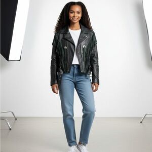 Excelled Vintage Women Size 42 Black Leather Fringe Concho Motorcycle Jacket